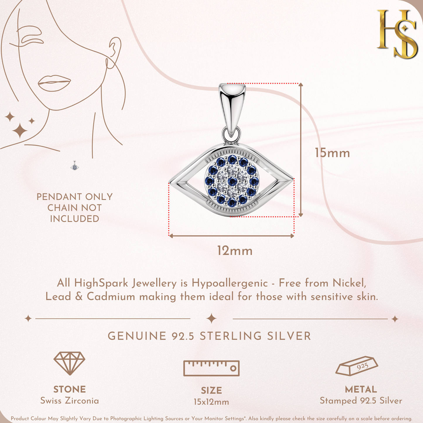 Enchanting Evil Eye Stud Pendant With Chain in 925 Sterling Silver For Women
