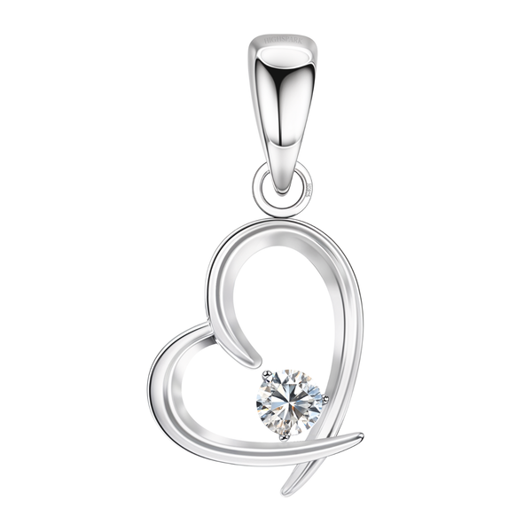 A sterling silver open heart pendant with a single round American diamond in a four-prong setting, shown on a white background.