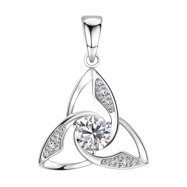 A sterling silver pendant in a Celtic trinity knot design with a central round American diamond and smaller pavé-set stones on a white.