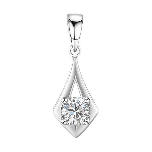 A sterling silver pendant with a kite-shaped frame holding a round American diamond in a four-prong setting on a white background.