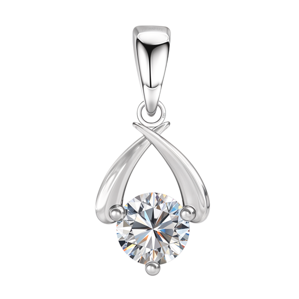 A sterling silver pendant with two crossing arms holding a round-cut American diamond in a three-prong setting, on a white background.