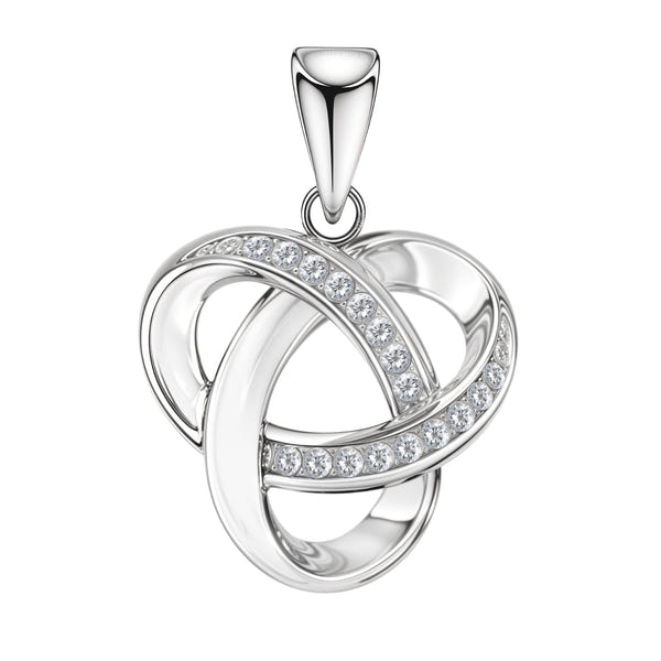 A sterling silver pendant in a Celtic knot design with two interlocking loops paved with American diamonds, on a white background.