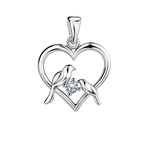 A sterling silver pendant featuring two lovebirds inside a heart frame, holding a single prong-set American diamond between them.