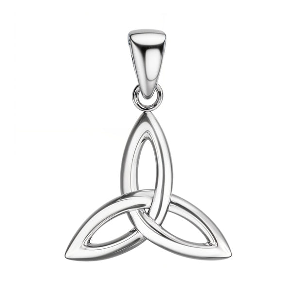 A sterling silver pendant featuring a classic Celtic trinity knot design with a polished finish, shown on a white background.
