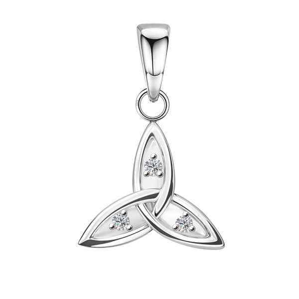 A sterling silver pendant in a Trinity knot design, with a round American diamond in a three-prong setting on each lobe.