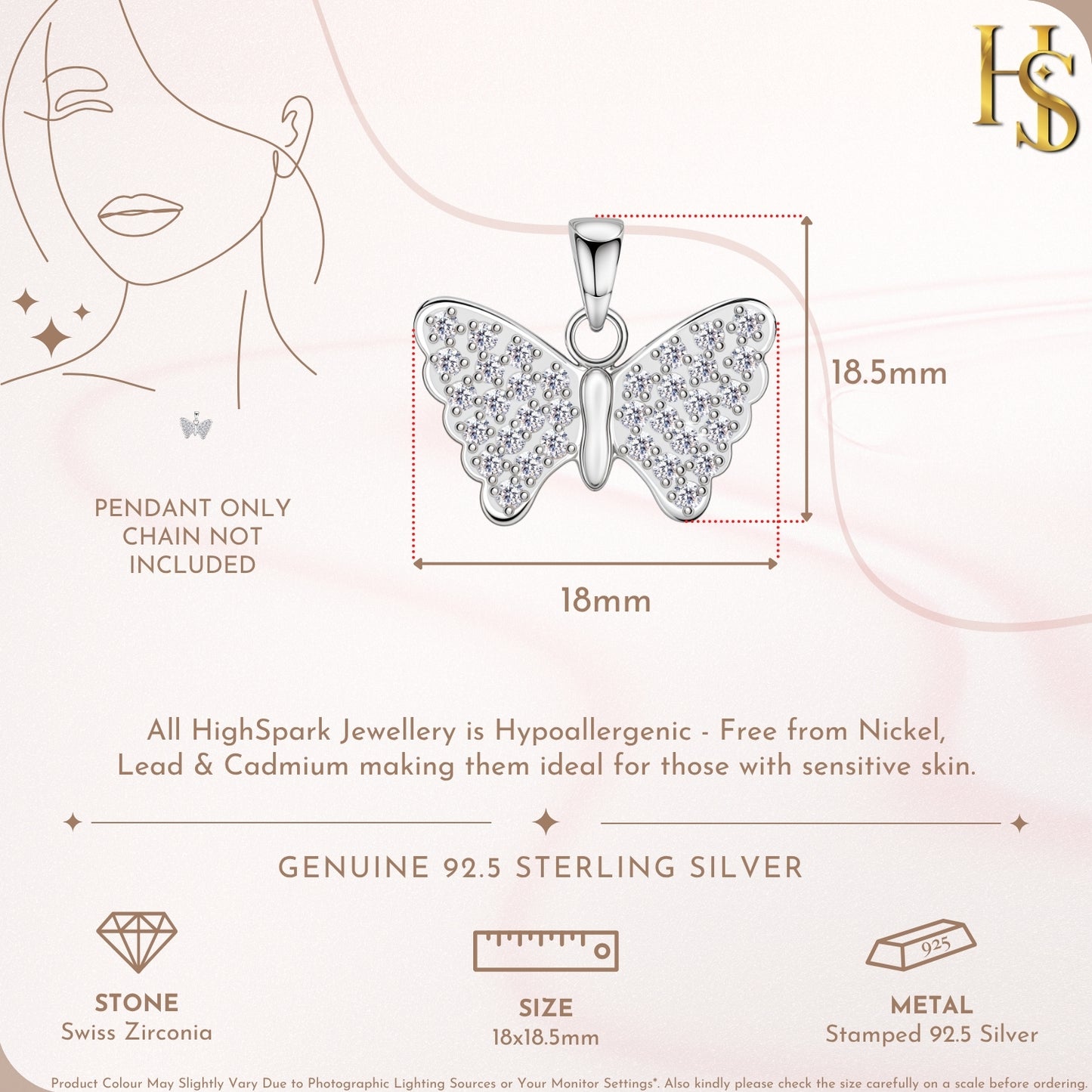 Sparkling Studded Butterfly Pendant With Chain in 925 Sterling Silver For Women