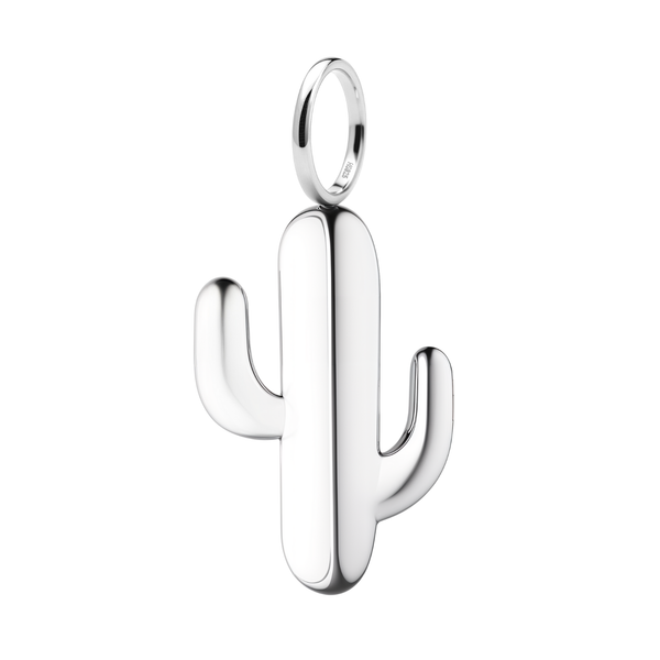 A sterling silver pendant shaped like a minimalist cactus with two arms, shown on a plain white background.