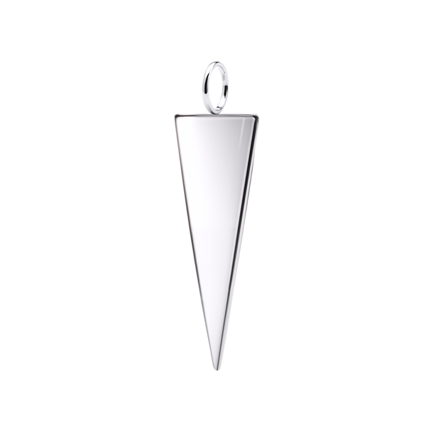A sleek, elongated triangle spike pendant in polished sterling silver with a simple bail, shown on a plain white background.