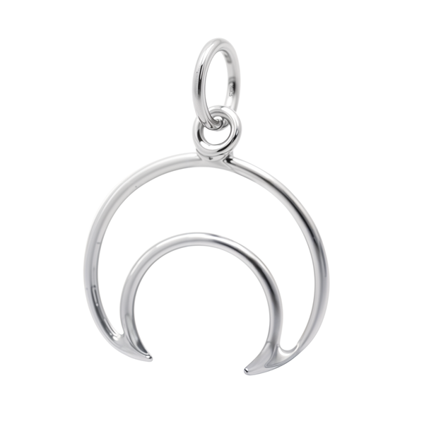 A sterling silver pendant featuring a double crescent moon motif, with a smaller crescent nested inside a larger one, on a white background.