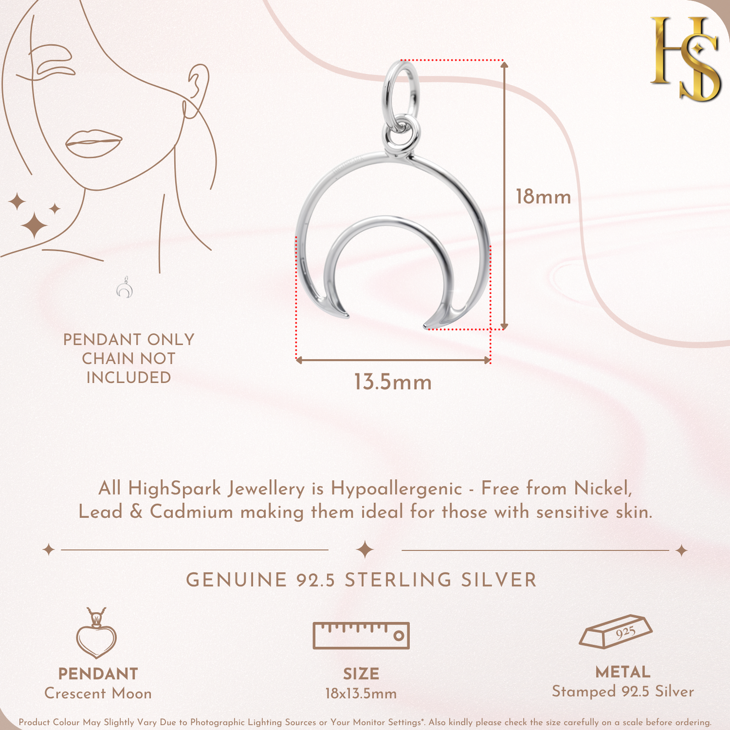 Classic Crescent Moon Pendant With Chain in 925 Sterling Silver For Women