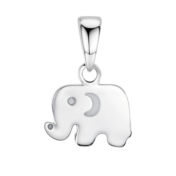 A sterling silver pendant in the shape of a small, stylized elephant with a polished finish, shown on a white background.