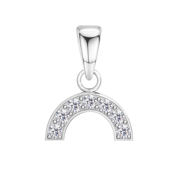 A sterling silver pendant in a rainbow arch shape, studded with round American diamonds in a shared prong setting, on a white background.