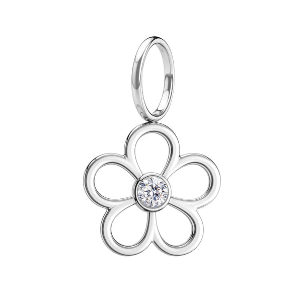 A sterling silver flower pendant with five open petals and a central bezel-set American diamond on a plain white background.