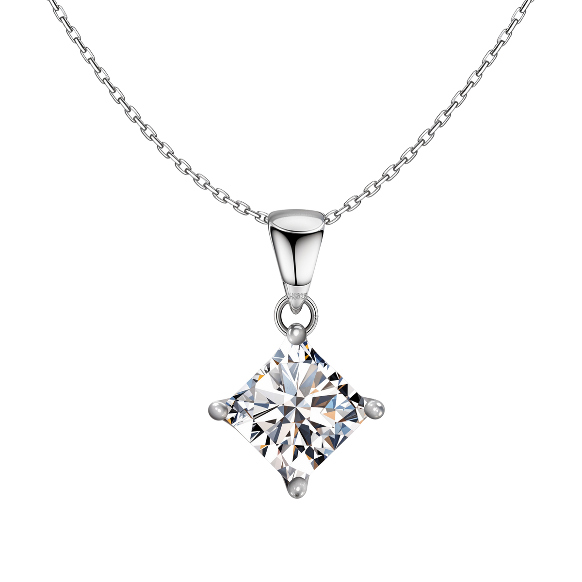 A solitaire pendant necklace with a princess-cut American diamond in a four-prong setting on a sterling silver chain.