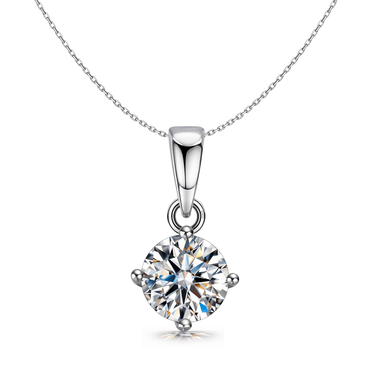 A solitaire pendant necklace with a round American diamond in a four-prong setting on a sterling silver chain, shown on a white background.