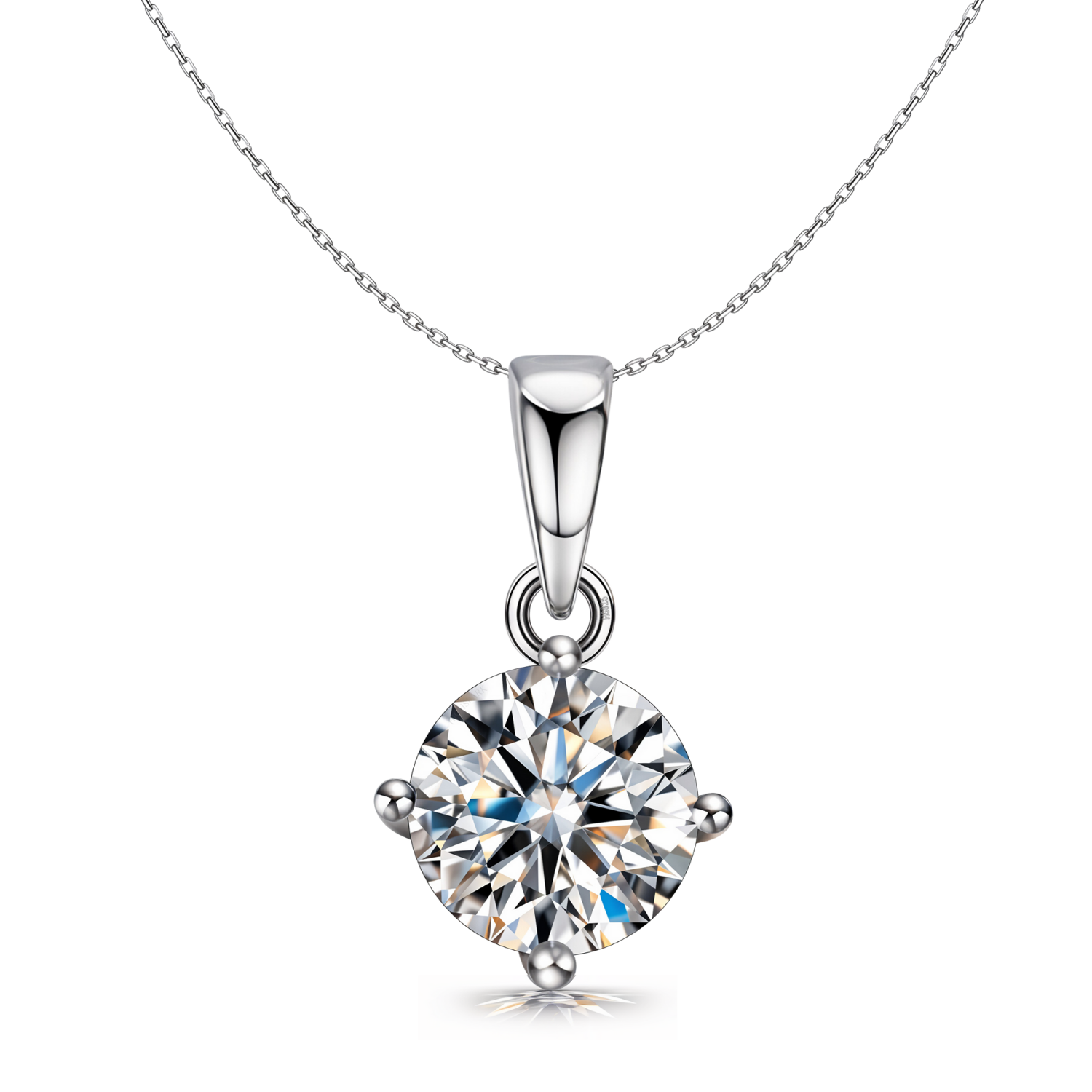 A solitaire pendant necklace with a round American diamond in a four-prong setting on a sterling silver chain, shown on a white background.