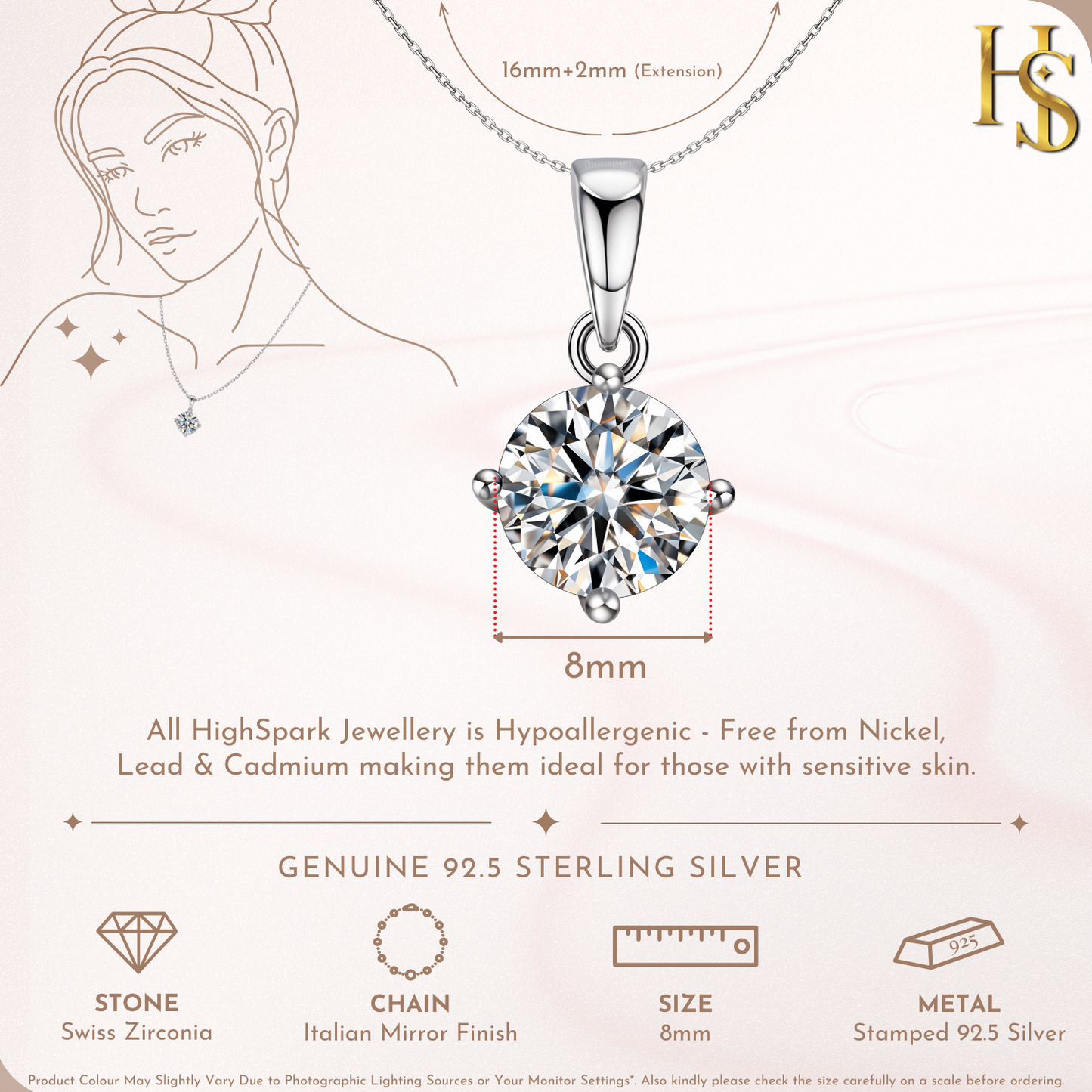 Classic Solitaire Pendant in 92.5 Sterling Silver With Diamond like Brilliance Zirconia- 8mm