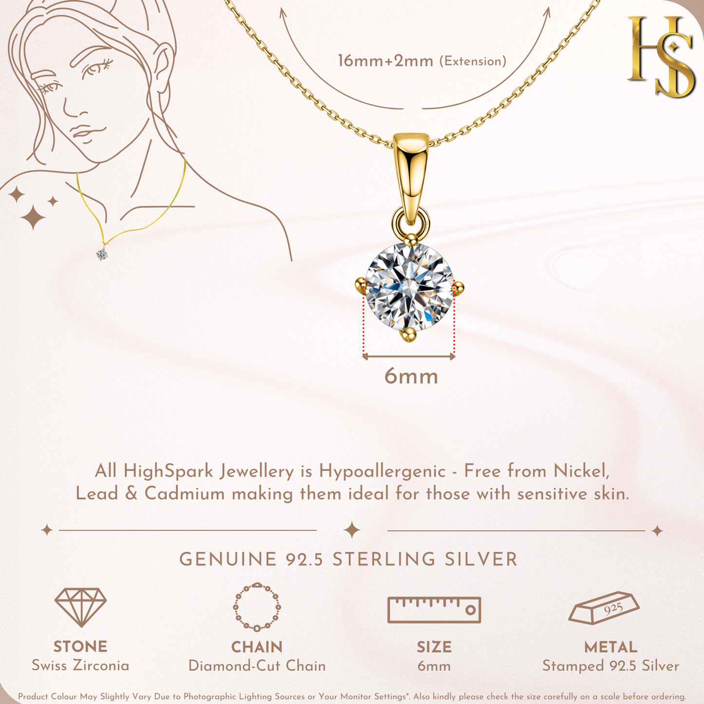 Solitaire Pendant with Chain in 92.5 Silver embellished with Sparkling Zirconia - 18K Gold finish - 6MM