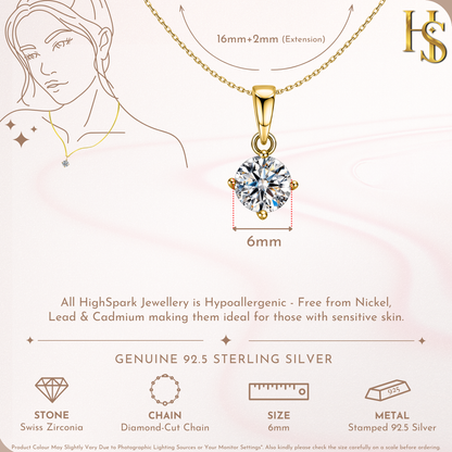 Solitaire Pendant with Chain in 92.5 Silver embellished with Sparkling Zirconia - 18K Gold finish - 6MM