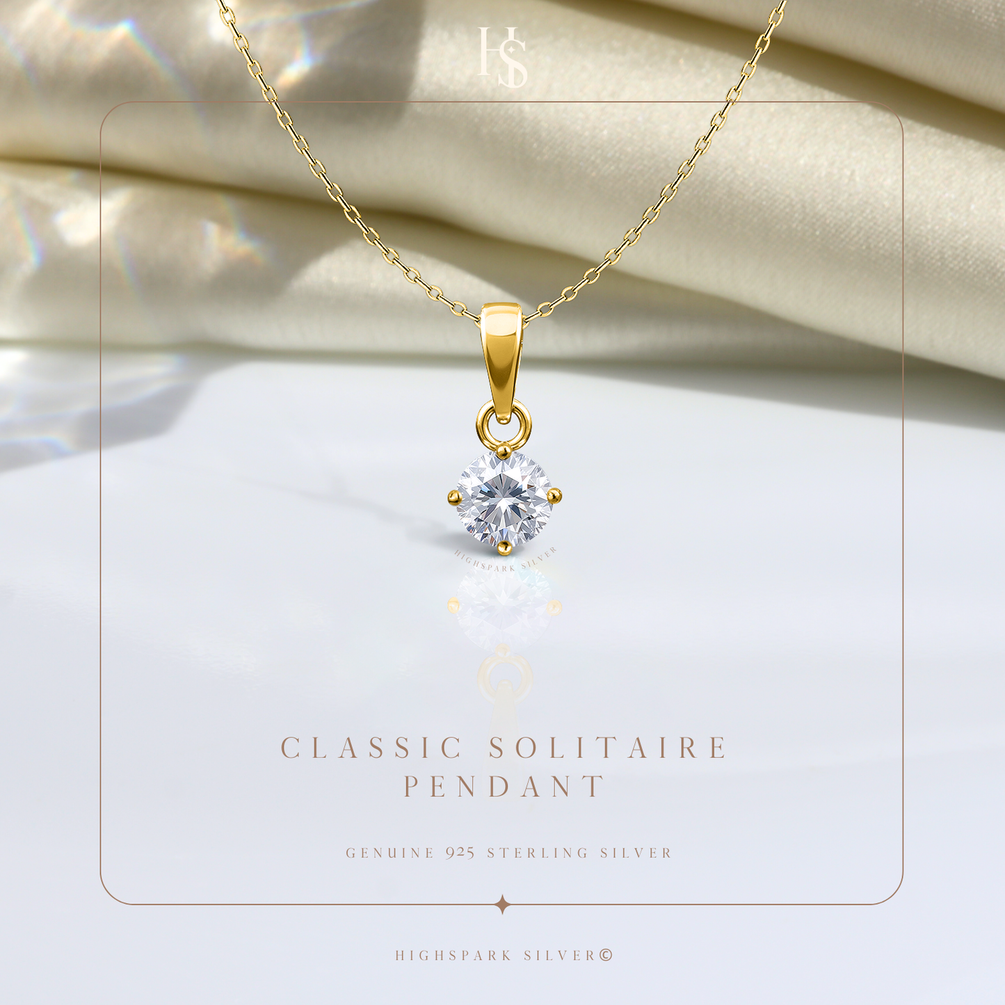 Solitaire Pendant with Chain in 92.5 Silver embellished with Sparkling Zirconia - 18K Gold finish - 6MM