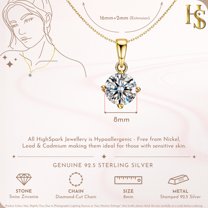 Solitaire Pendant with Chain in 92.5 Silver embellished with Sparkling Zirconia - 18K Gold finish - 8MM