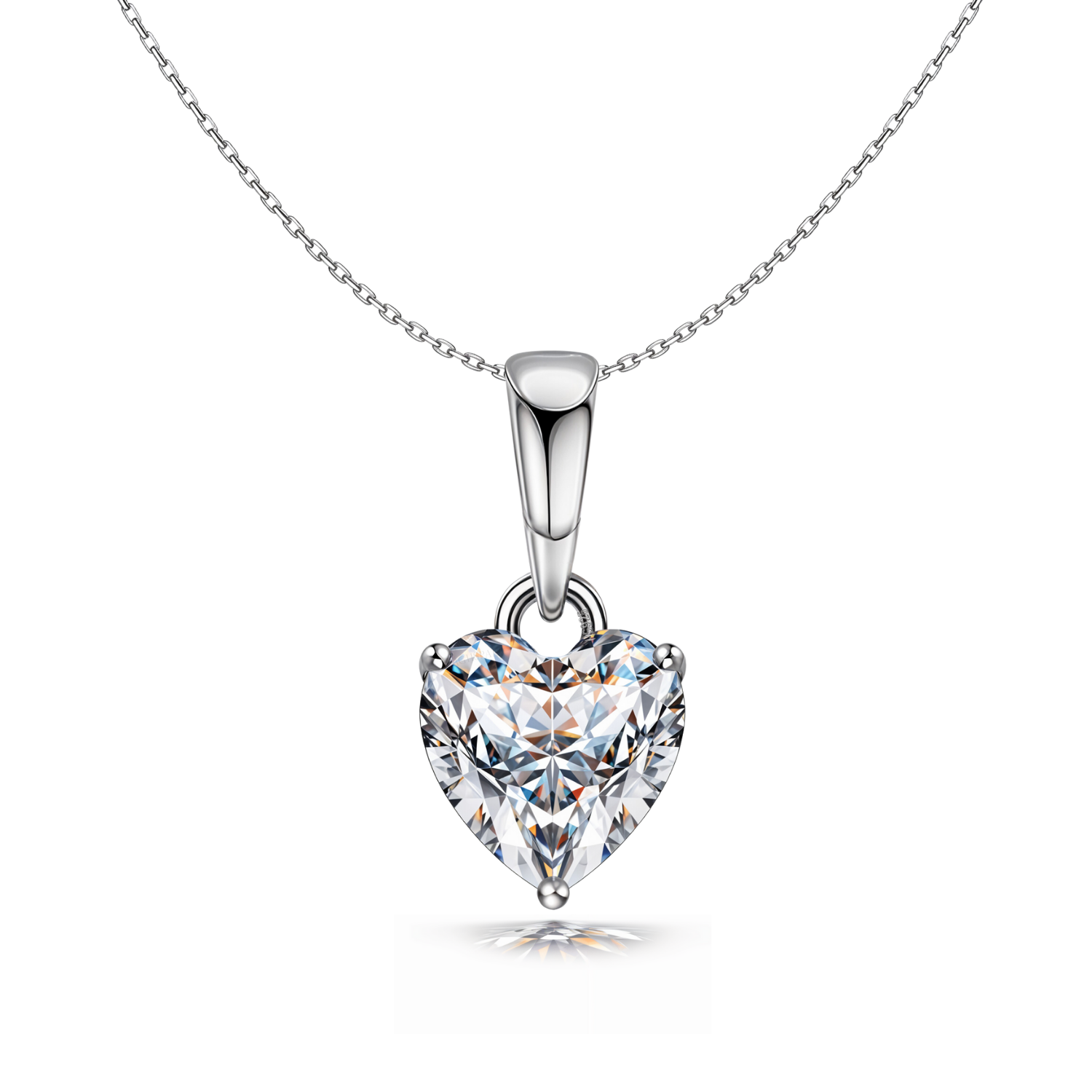 A solitaire pendant necklace with a heart-shaped American diamond in a three-prong setting on a sterling silver chain.
