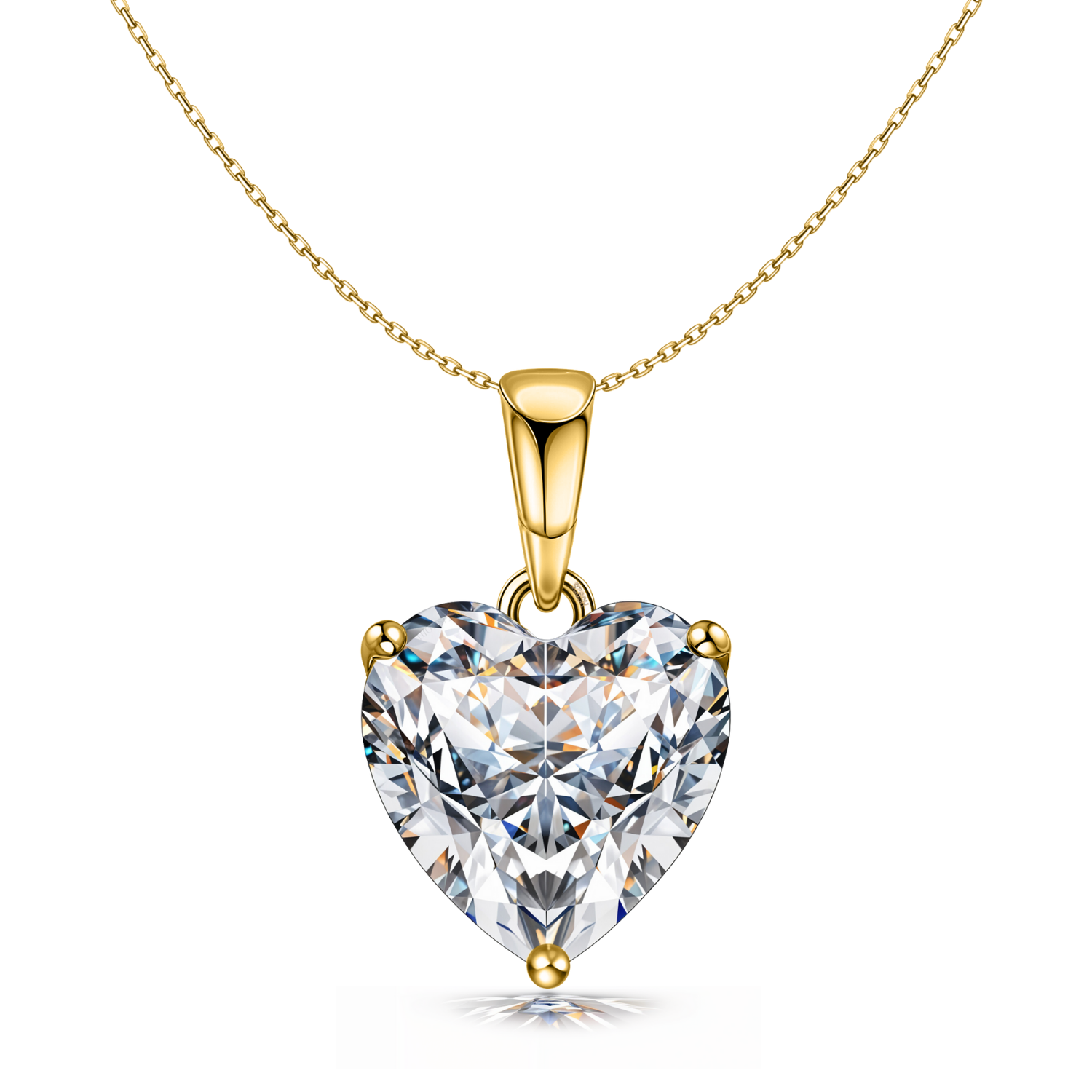 A gold-plated pendant necklace with a large, heart-shaped American diamond in a three-prong setting on a plain white background.