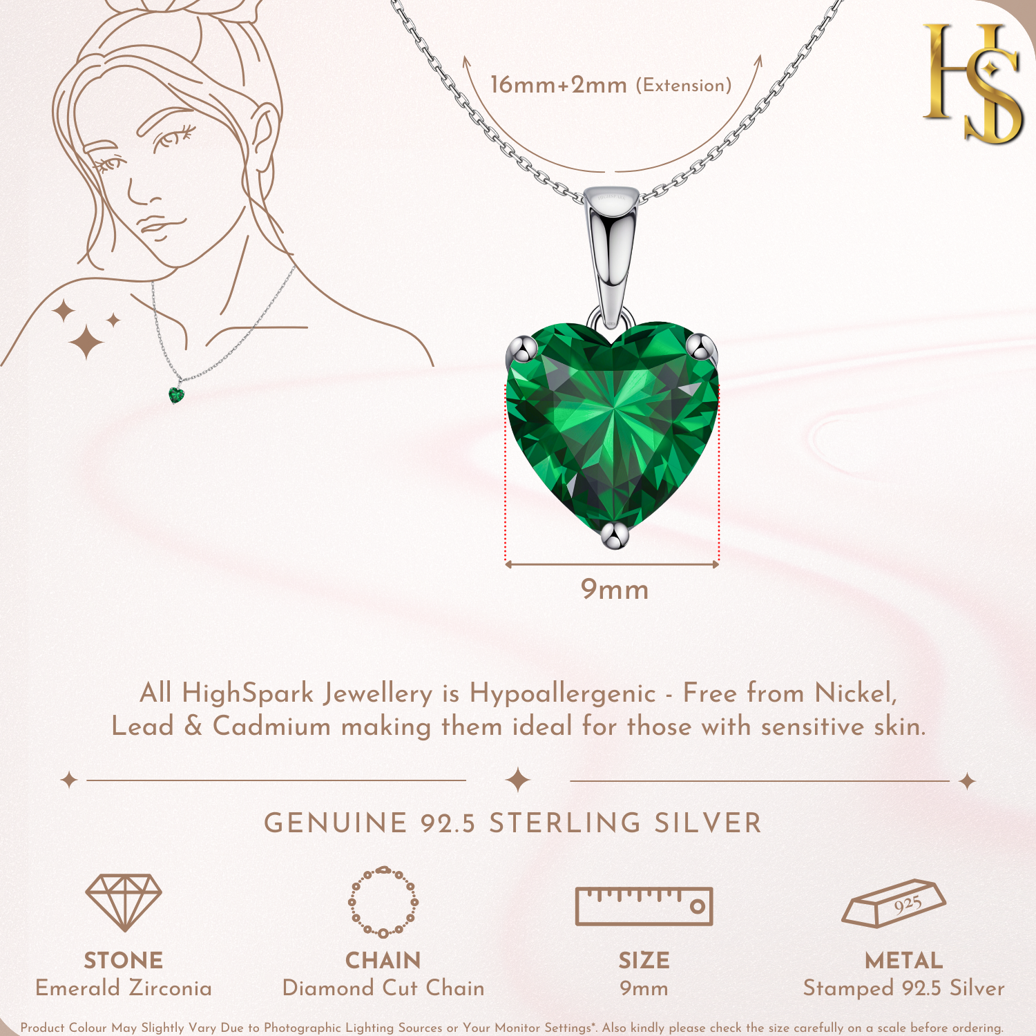 Emerald Green Heart Solitaire Pendant with Chain in 92.5 Silver embellished with Sparkling Zirconia HighSpark