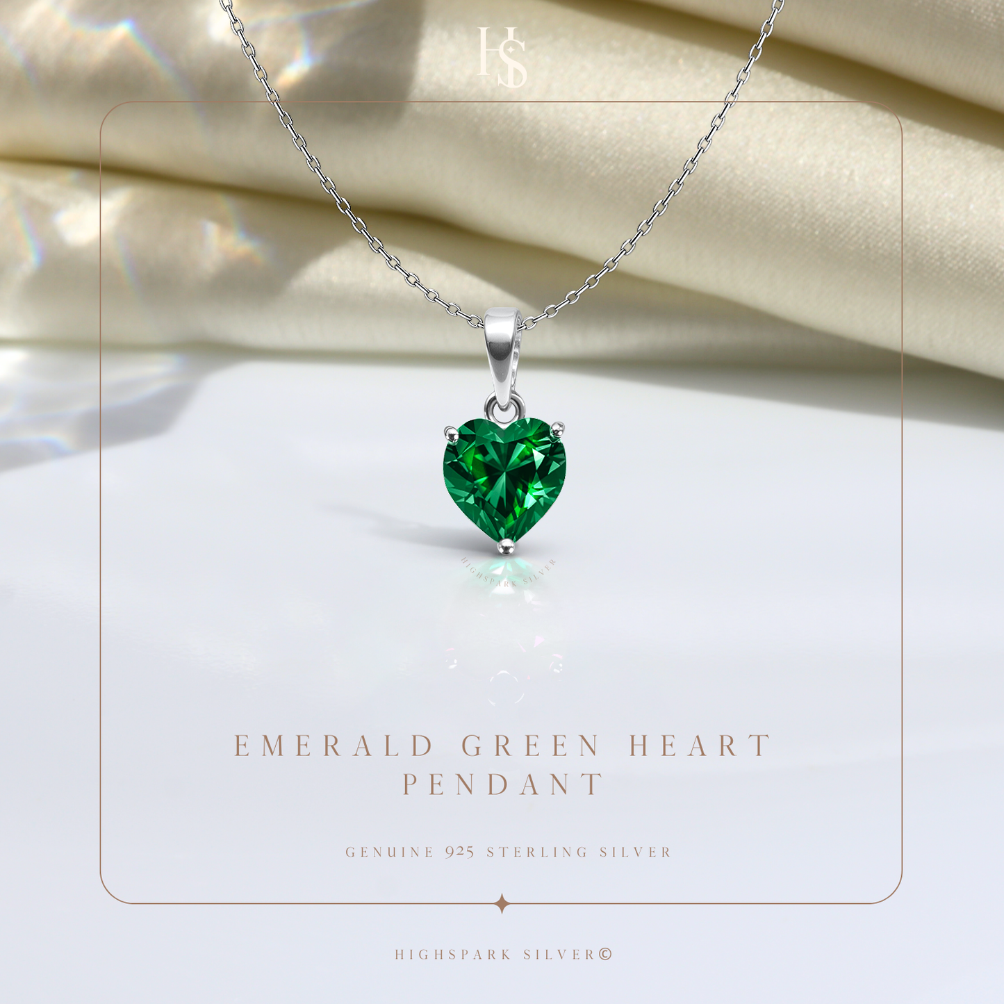 Emerald Green Heart Solitaire Pendant with Chain in 92.5 Silver embellished with Sparkling Zirconia HighSpark
