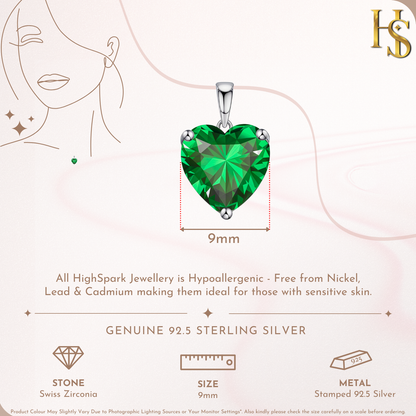 Emerald Green Heart Solitaire Pendant with Chain in 92.5 Silver embellished with Sparkling Zirconia