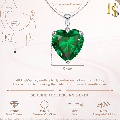 Emerald Green Heart Solitaire Pendant with Chain in 92.5 Silver embellished with Sparkling Zirconia