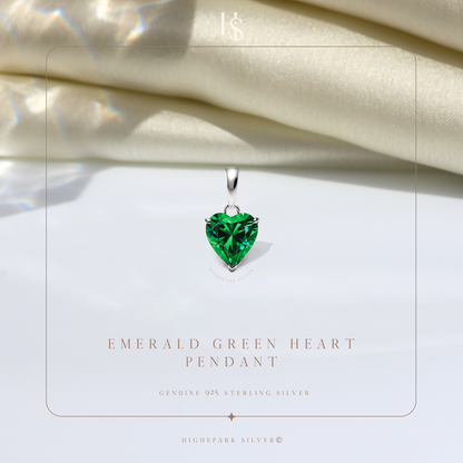 Emerald Green Heart Solitaire Pendant with Chain in 92.5 Silver embellished with Sparkling Zirconia