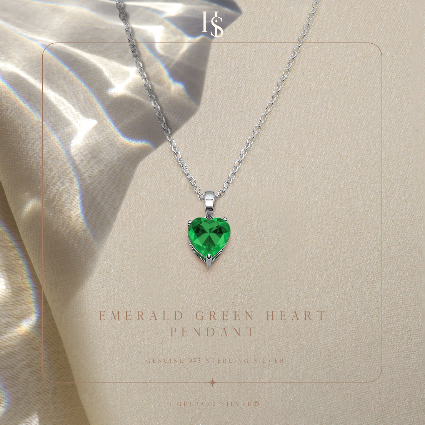 Emerald Green Heart Solitaire Pendant with Chain in 92.5 Silver embellished with Sparkling Zirconia