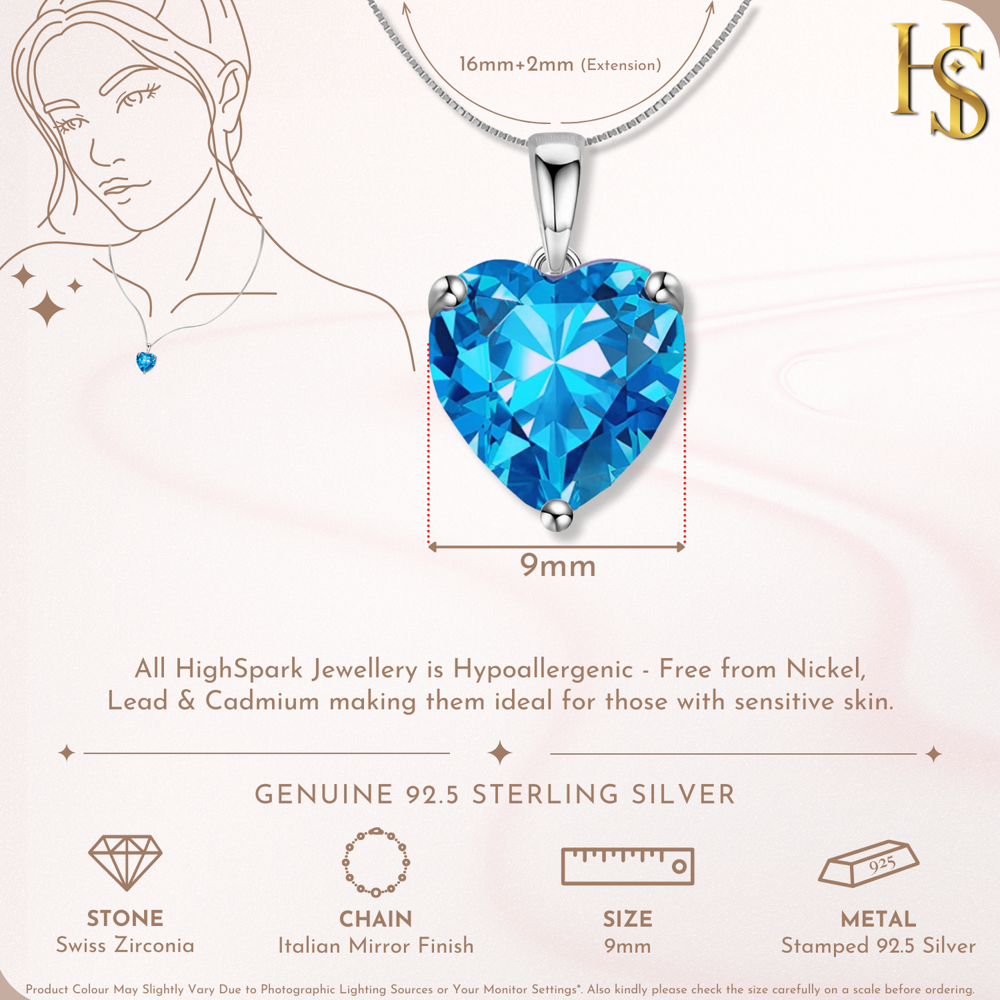 Blue Heart Solitaire Pendant with Chain in 92.5 Silver embellished with Swiss Zirconia