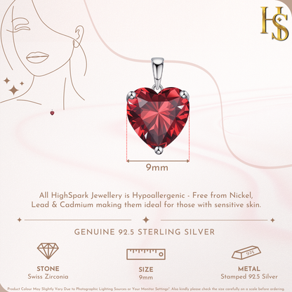 Red Heart Solitaire Pendant with Chain embellished with Swiss Zirconia in 92.5 Silver