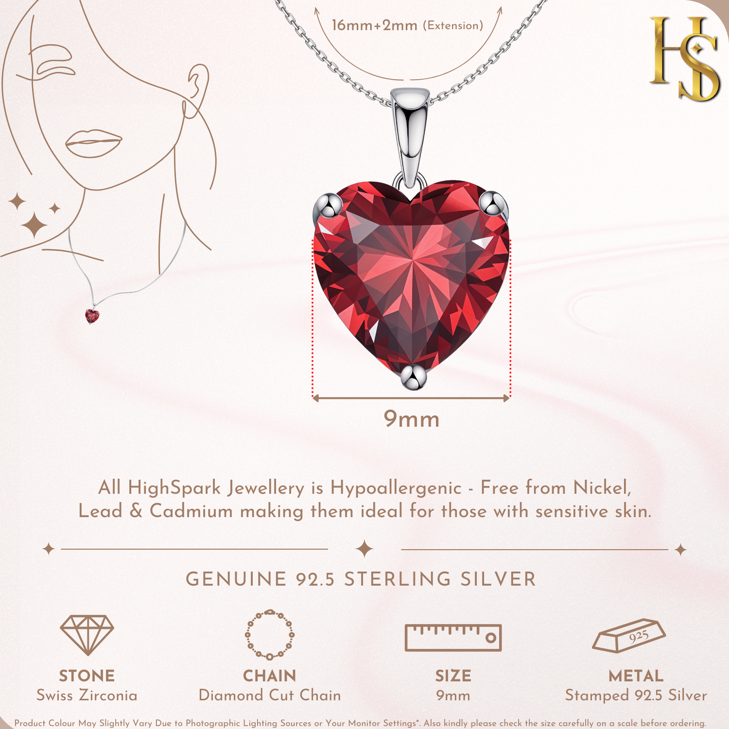 Red Heart Solitaire Pendant with Chain embellished with Swiss Zirconia in 92.5 Silver