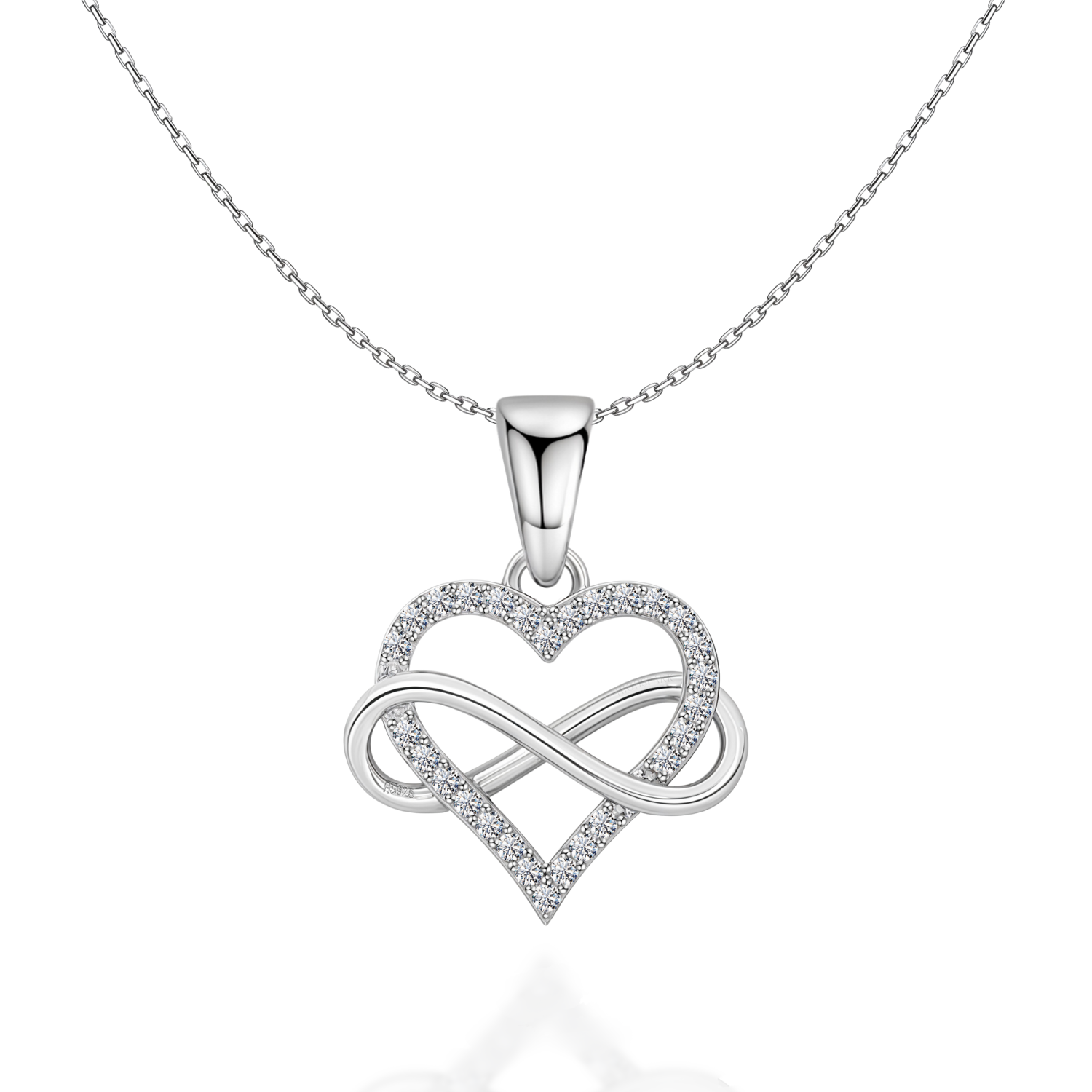 A sterling silver pendant necklace with a heart motif intertwined with an infinity symbol, pavé-set with American diamonds.