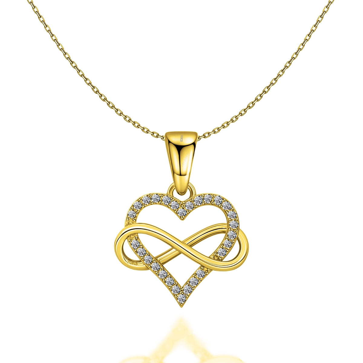 A gold-plated sterling silver pendant necklace with a heart intertwined with an infinity symbol, lined with American diamonds.
