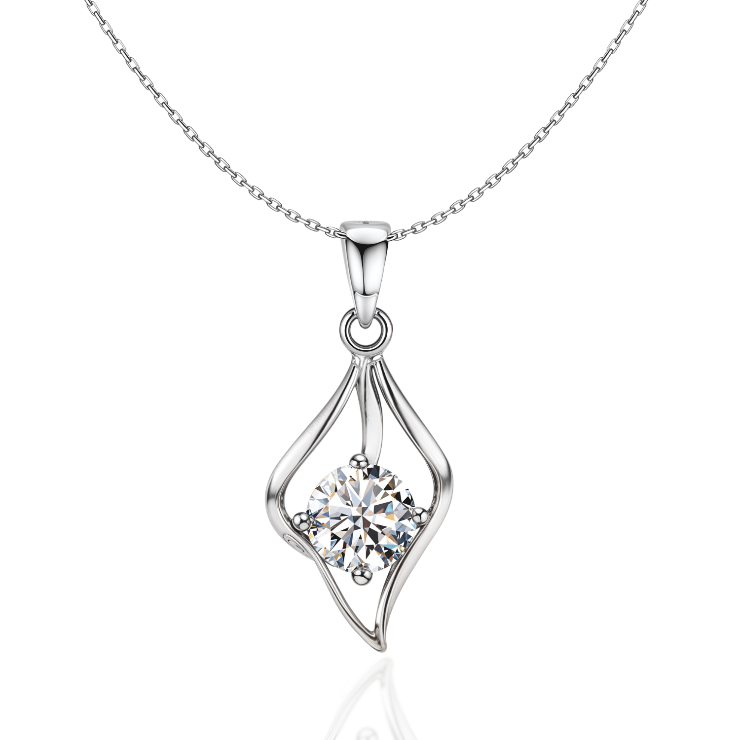 A sterling silver pendant necklace with a twisted openwork frame holding a round American diamond in a four-prong setting.