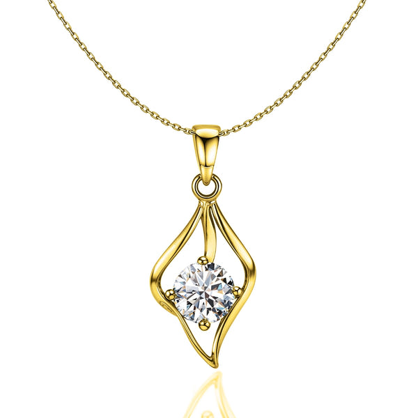 A solitaire pendant necklace with a round American diamond in a four-prong setting inside a twisted gold-plated frame on a white background.