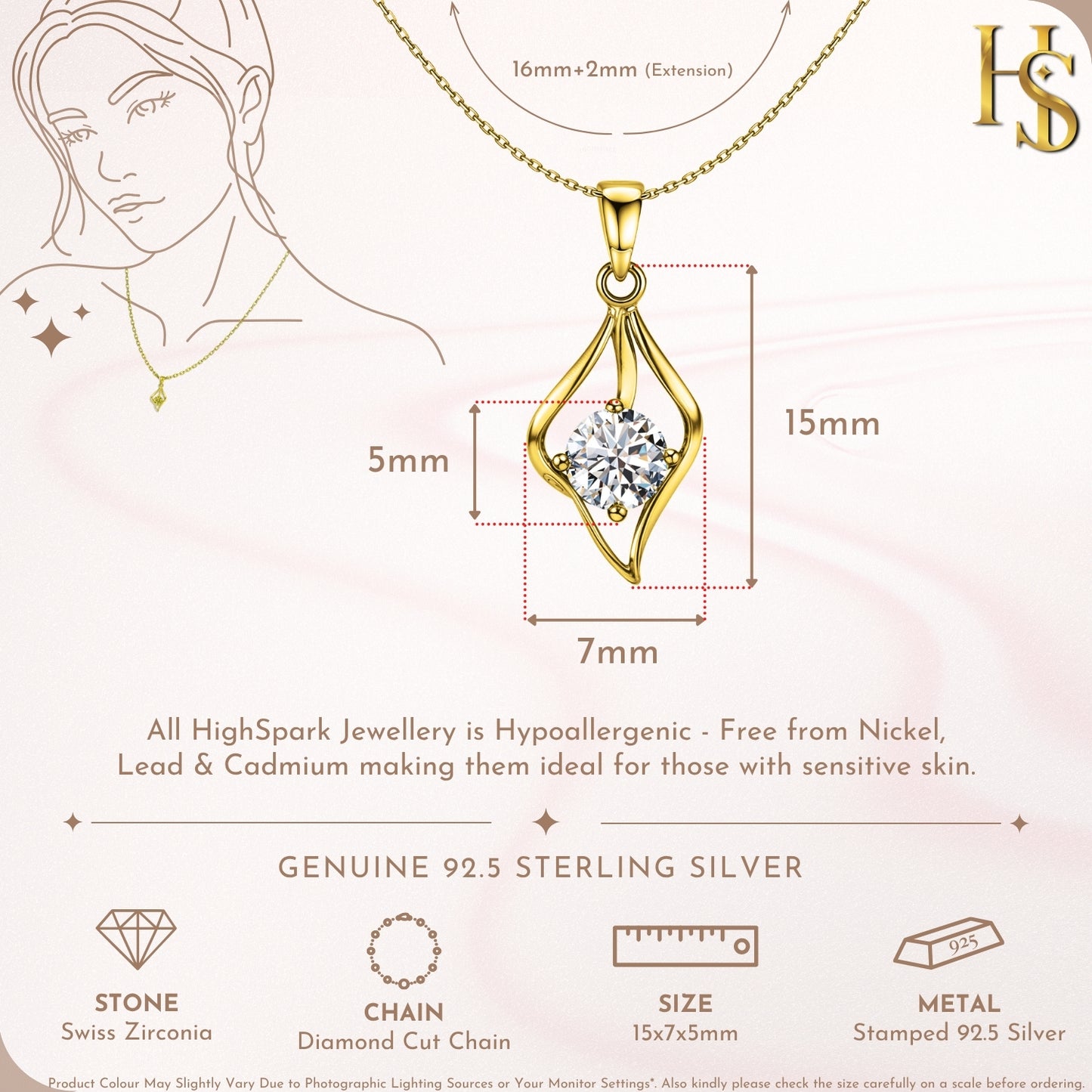 Dewdrop Solitaire Pendant With Chain in 925 Sterling Silver in 18k Gold Finish For Women