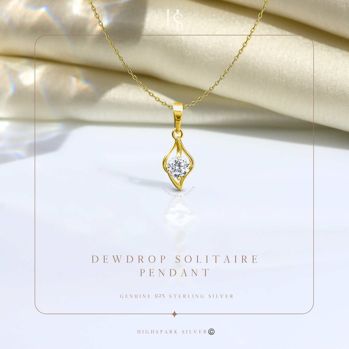 Dewdrop Solitaire Pendant With Chain in 925 Sterling Silver in 18k Gold Finish For Women