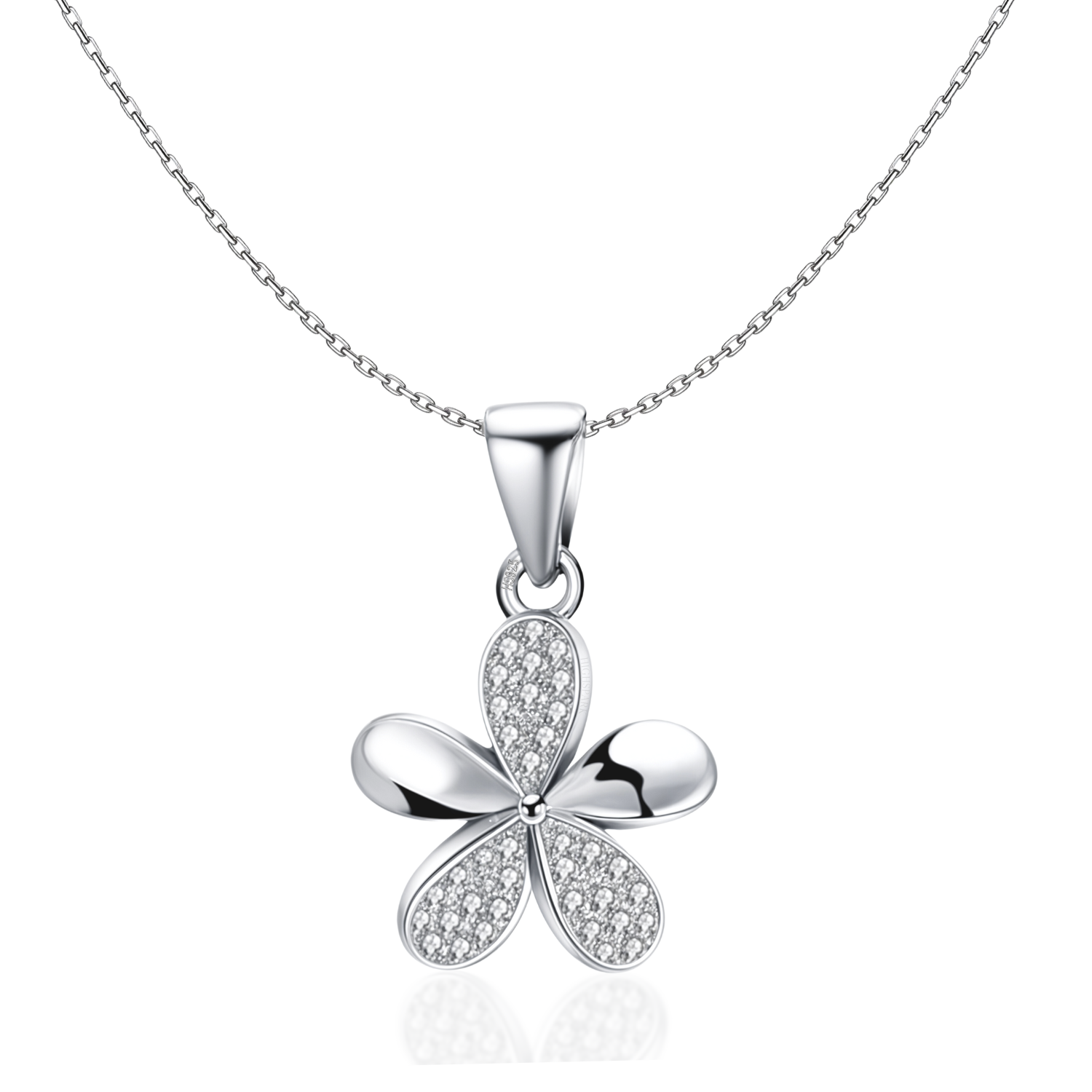 A sterling silver pendant necklace with a five-petal flower, two petals paved with American diamonds, on a plain white background.