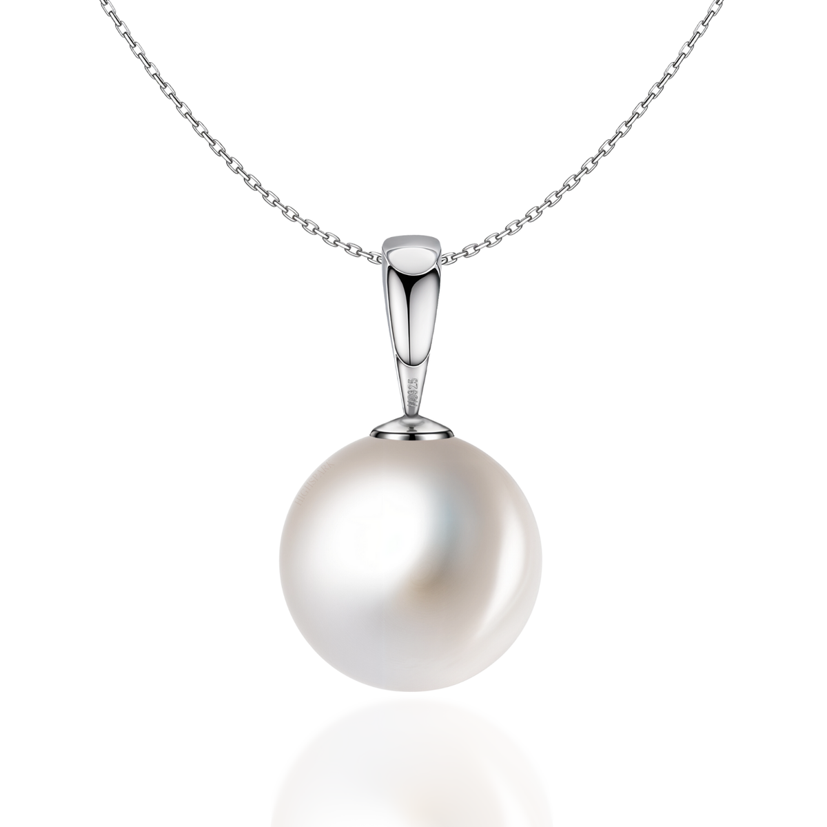 A single round white pearl pendant necklace with a polished sterling silver bail and chain, shown on a plain white background.