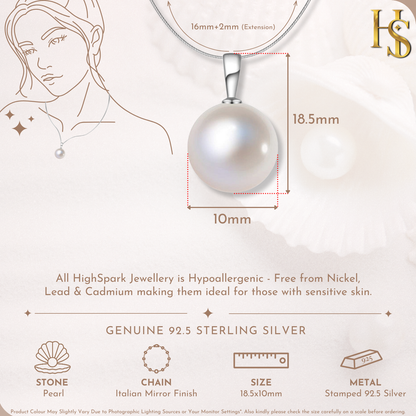 Radiant Round Pearl Pendant in 92.5 Sterling Silver with Brilliant Luster Pearl