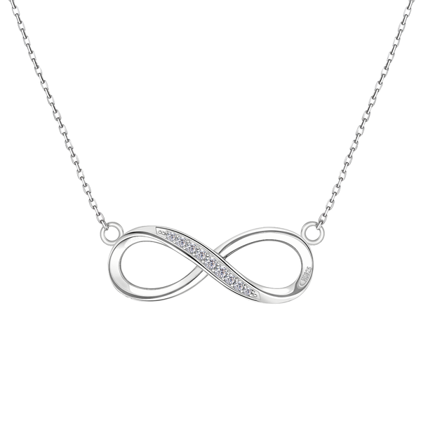 A sterling silver pendant necklace with an infinity symbol, half-paved with American diamonds, on a plain white background.