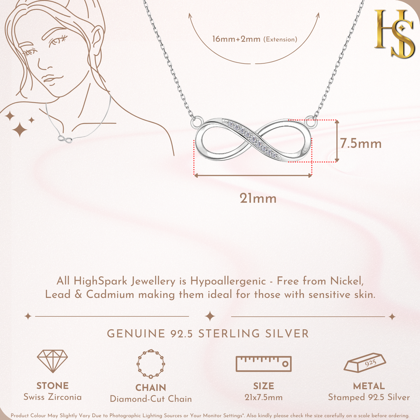 Infinity Pendant in 92.5 Silver studded with Swiss Zirconia HighSpark