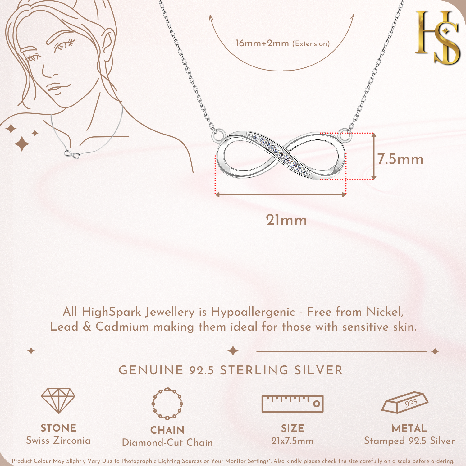 Infinity Pendant in 92.5 Silver studded with Swiss Zirconia HighSpark