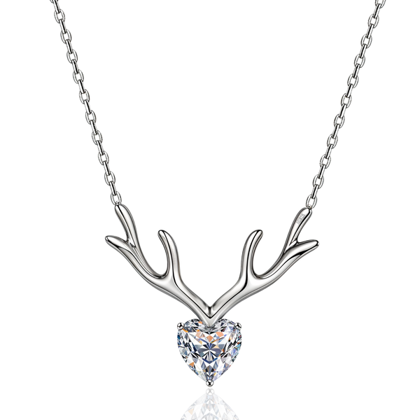 A sterling silver pendant necklace with a deer antler motif holding a prong-set, heart-shaped American diamond on a white background.
