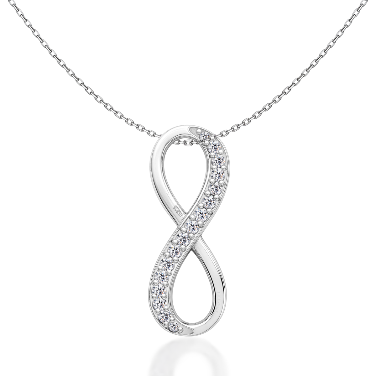 A sterling silver pendant necklace with an infinity symbol, one loop paved with American diamonds, on a white background.